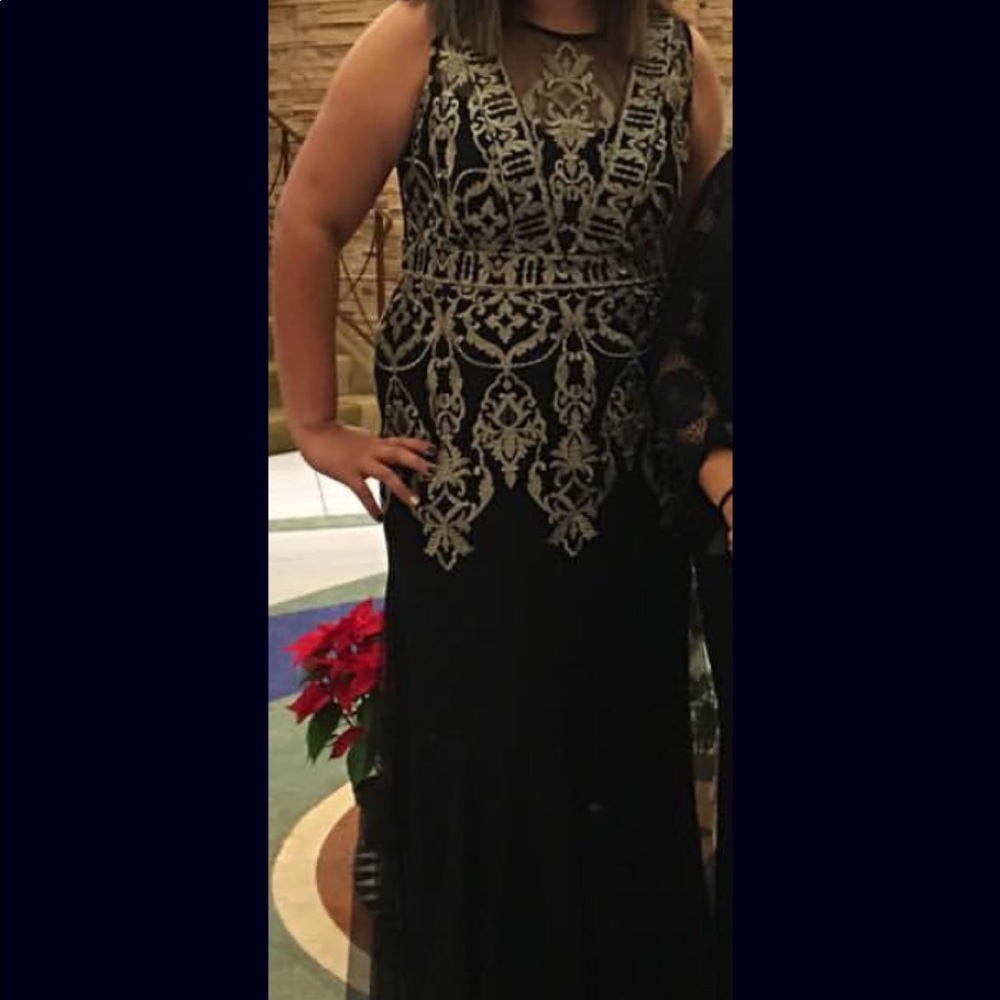 R&M Richards Long Prom Dress (black and gold)